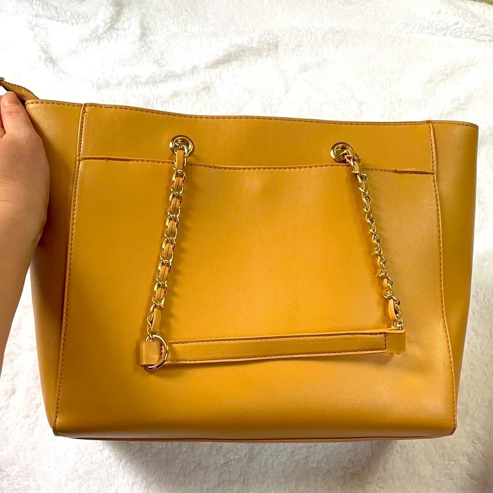 Bebe tan tote with beaded branding and card case